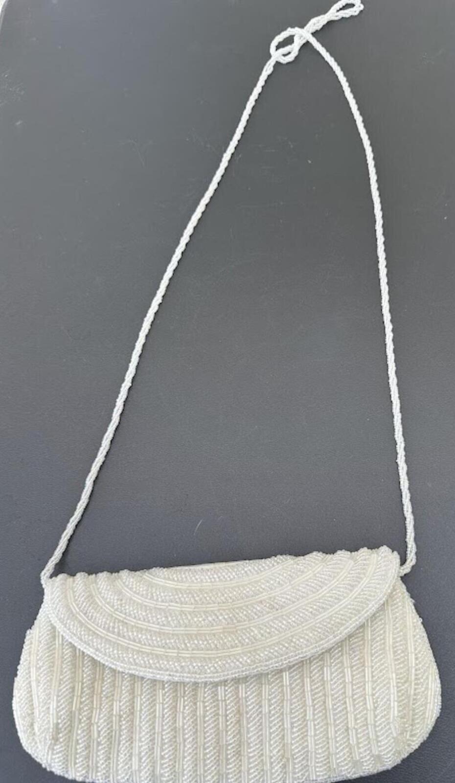 Vintage White Beaded Shoulder Clutch Wedding