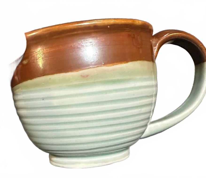 Vintage Handmade Studio Pottery Ribbed Green Brown Mug