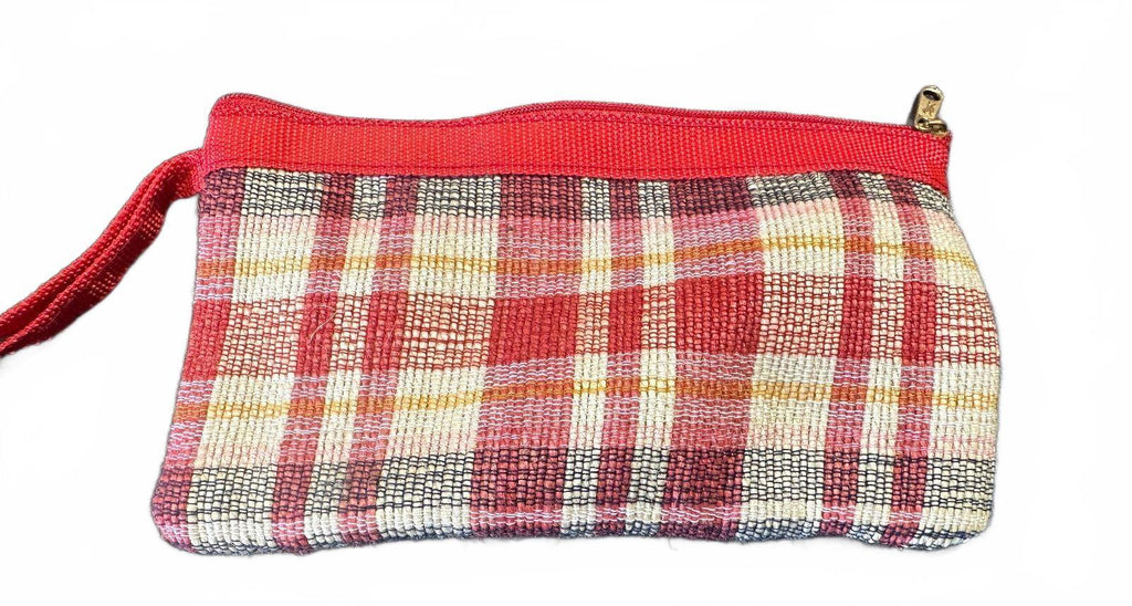 Handwoven Red Plaid Zipper Pouch Floral Accent
