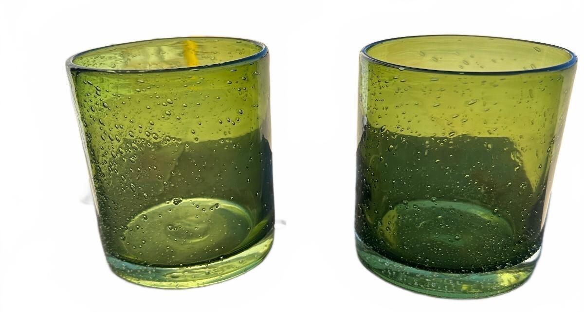 Pair Olive Green Hand Blown Bubble Glass Tumblers