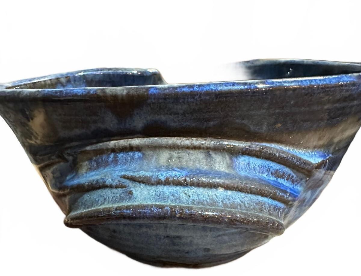 Hand Thrown Blue Studio Pottery Batter Bowl Spout 9"