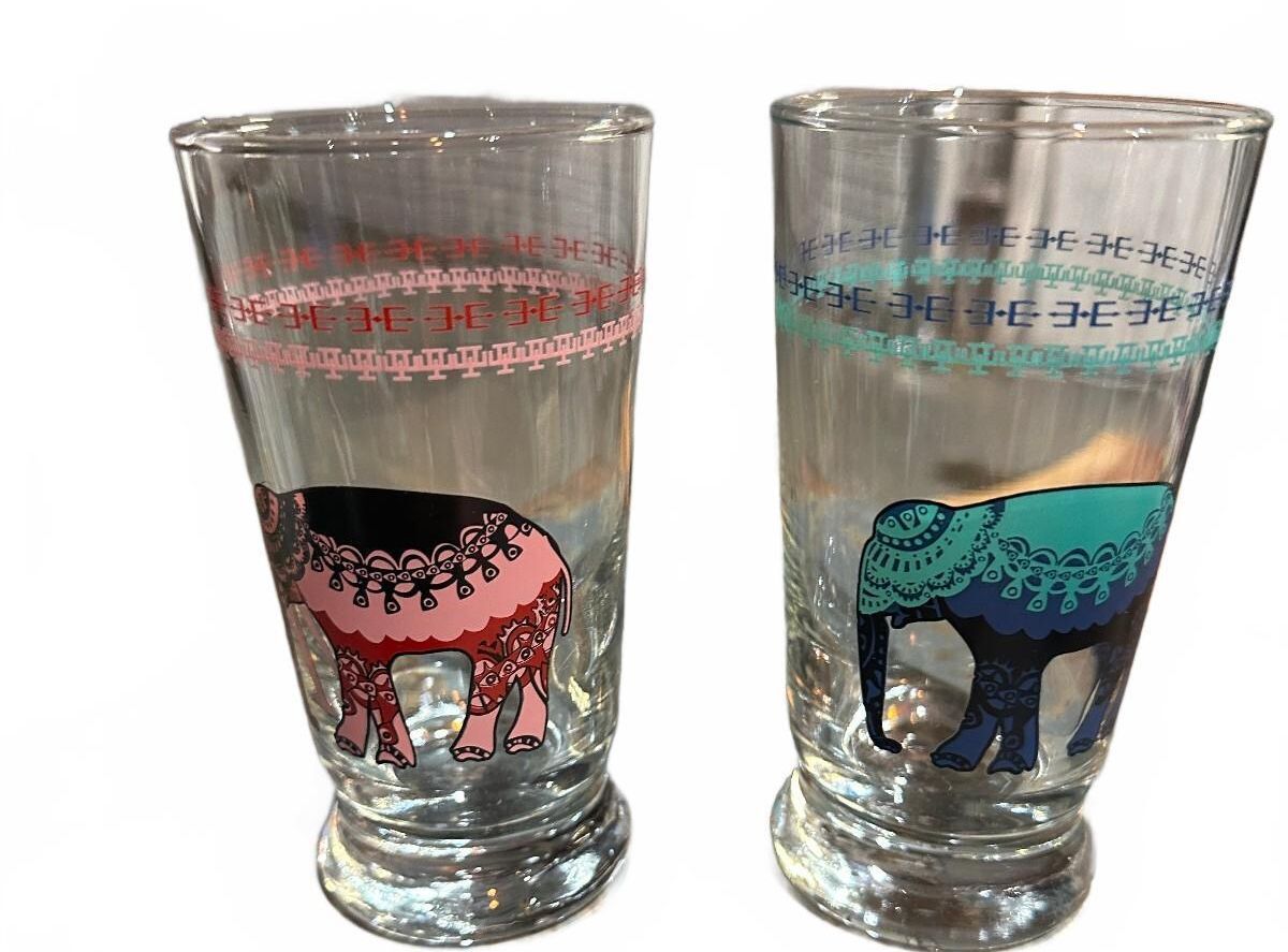 Vintage Elephant Tumblers Pink Blue Glasses Set of 2