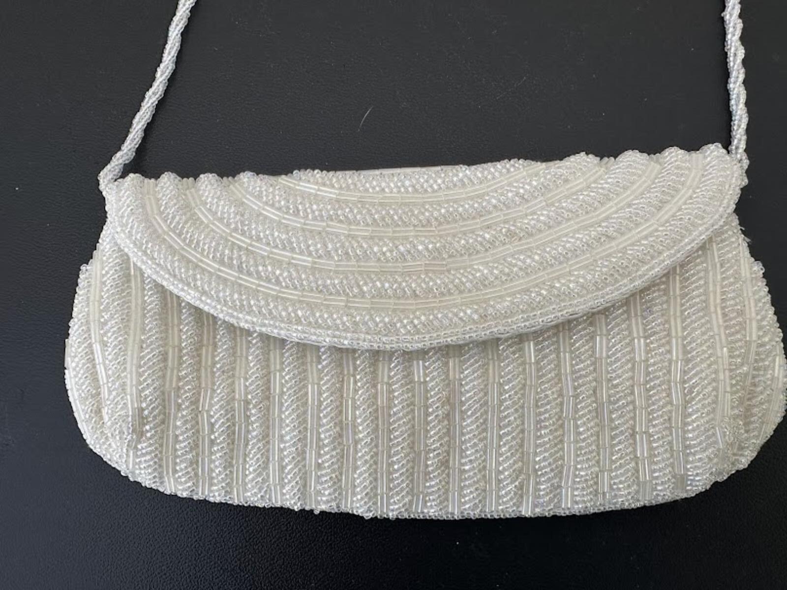 Vintage White Beaded Shoulder Clutch Wedding