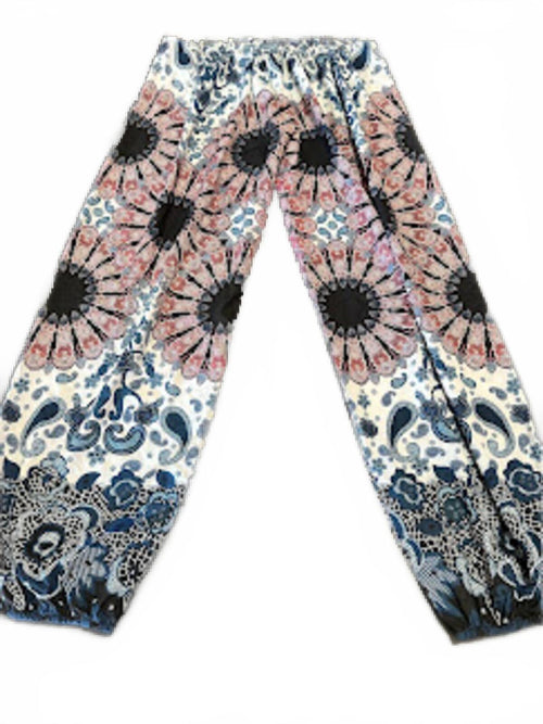 Boho Harem Jogger Pants Blue Floral Print