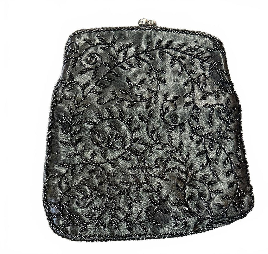 Vintage Black Beaded Satin Kiss Lock Evening Clutch