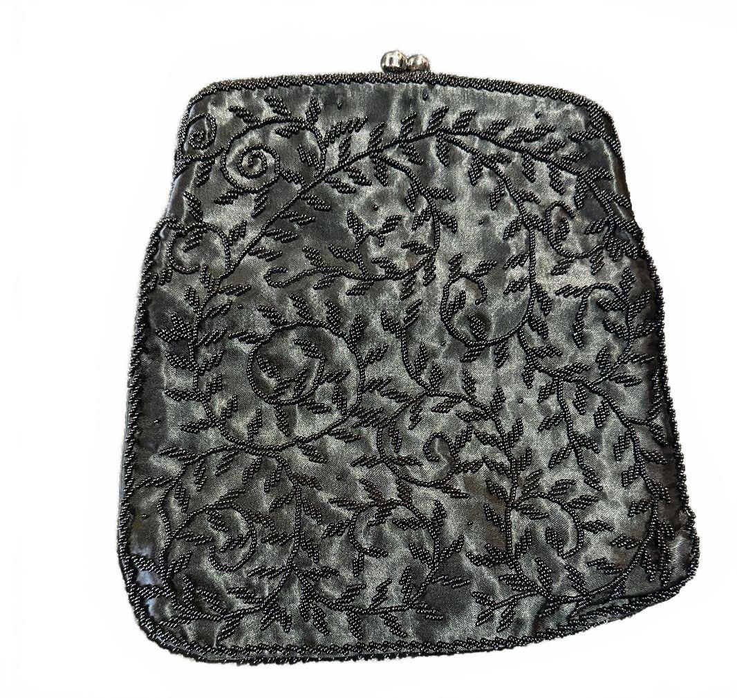 Vintage Black Beaded Satin Kiss Lock Evening Clutch