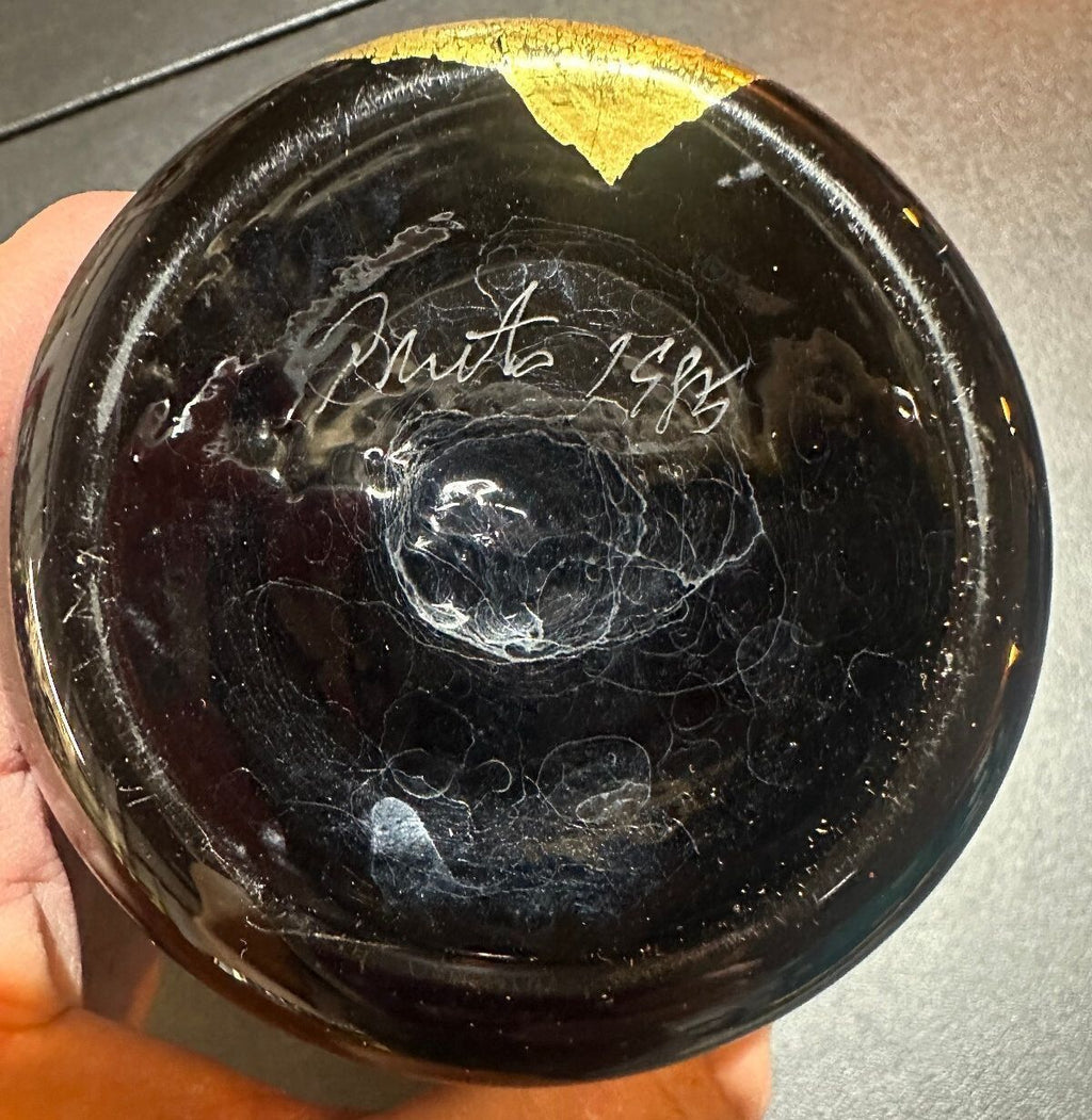 Signed 1985 Black & Gold Studio Art Glass Vessel 3.5"