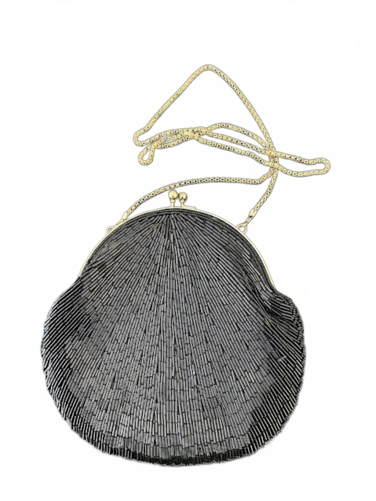 Vintage Black Beaded Evening Clutch Gold Chain