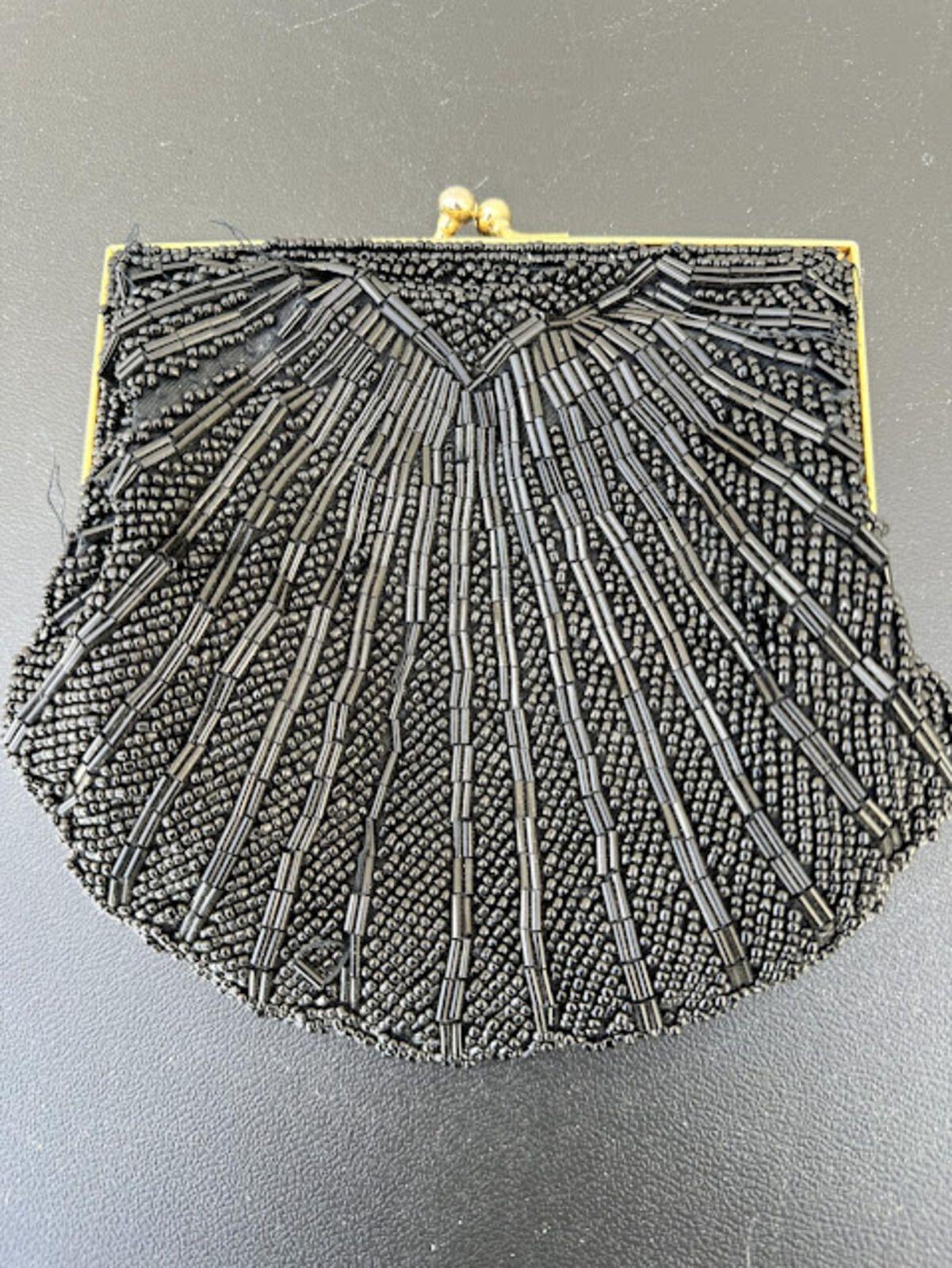 Vintage Black Beaded Kiss Lock Evening Purse