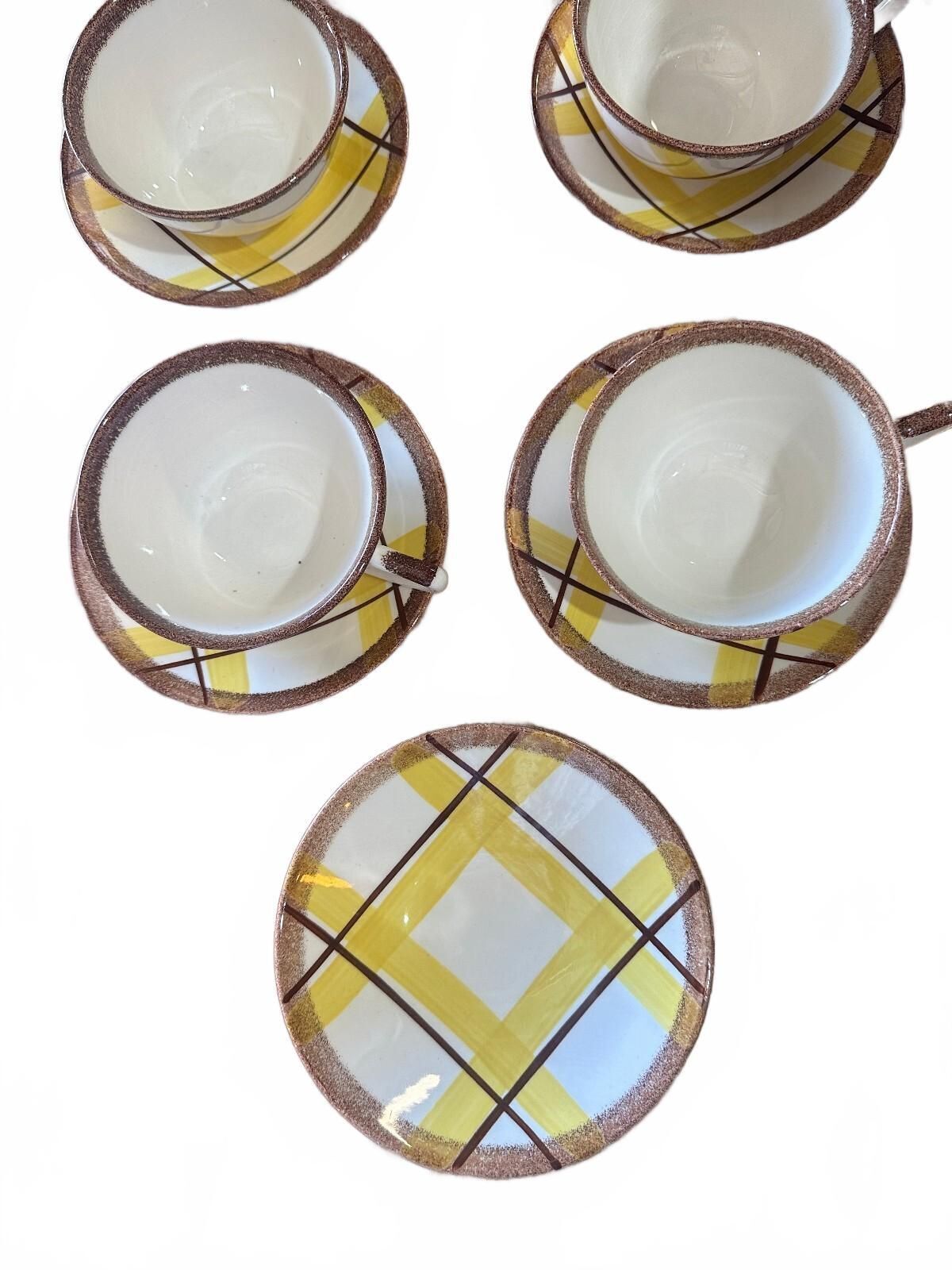Vernon Kilns Organdie 4 Cups 8 Saucers Yellow Plaid