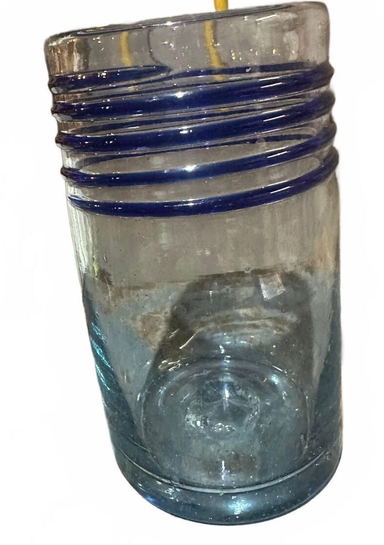 Hand Blown Clear Glass Tumbler Cobalt Blue Spiral Rings