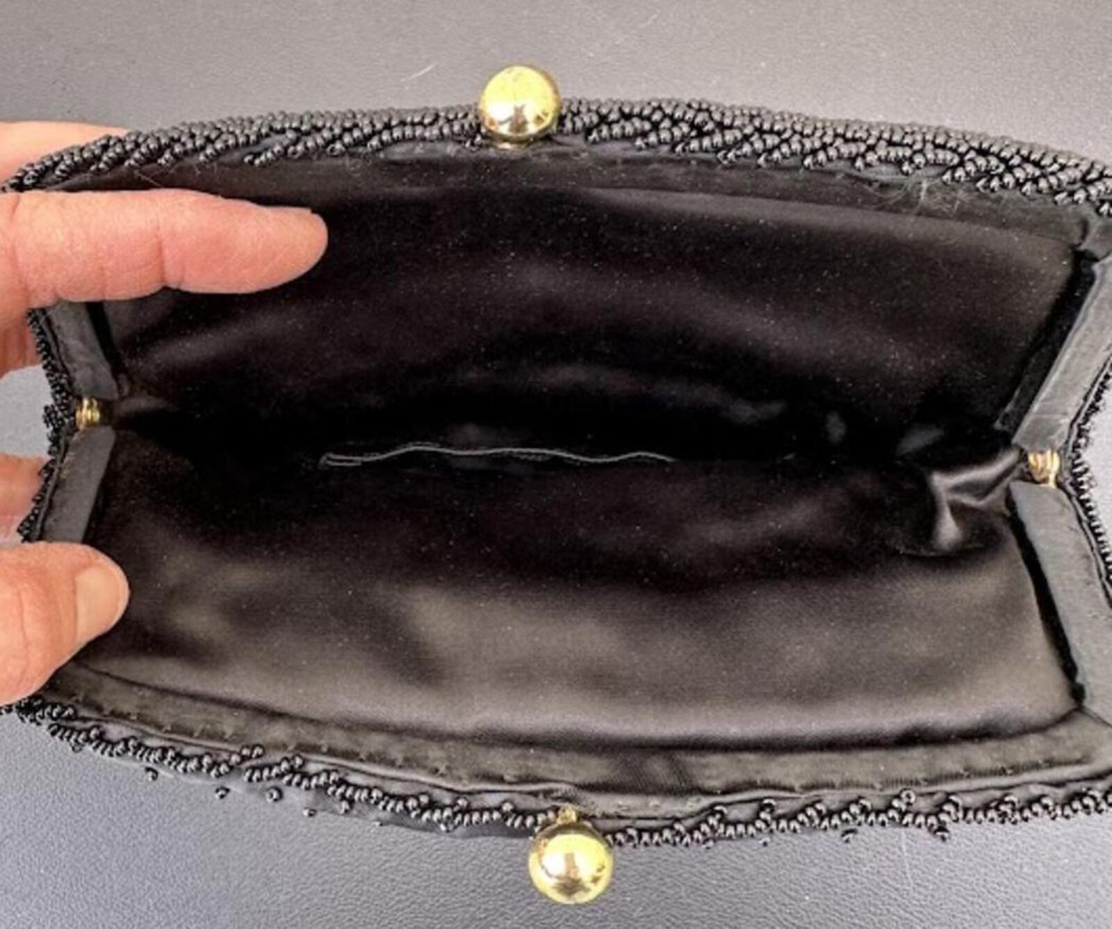 Vintage Black Beaded Satin Clutch Leaf Pattern