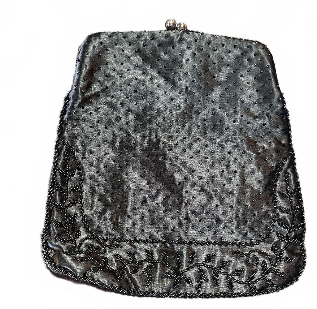 Vintage Black Beaded Satin Kiss Lock Evening Clutch