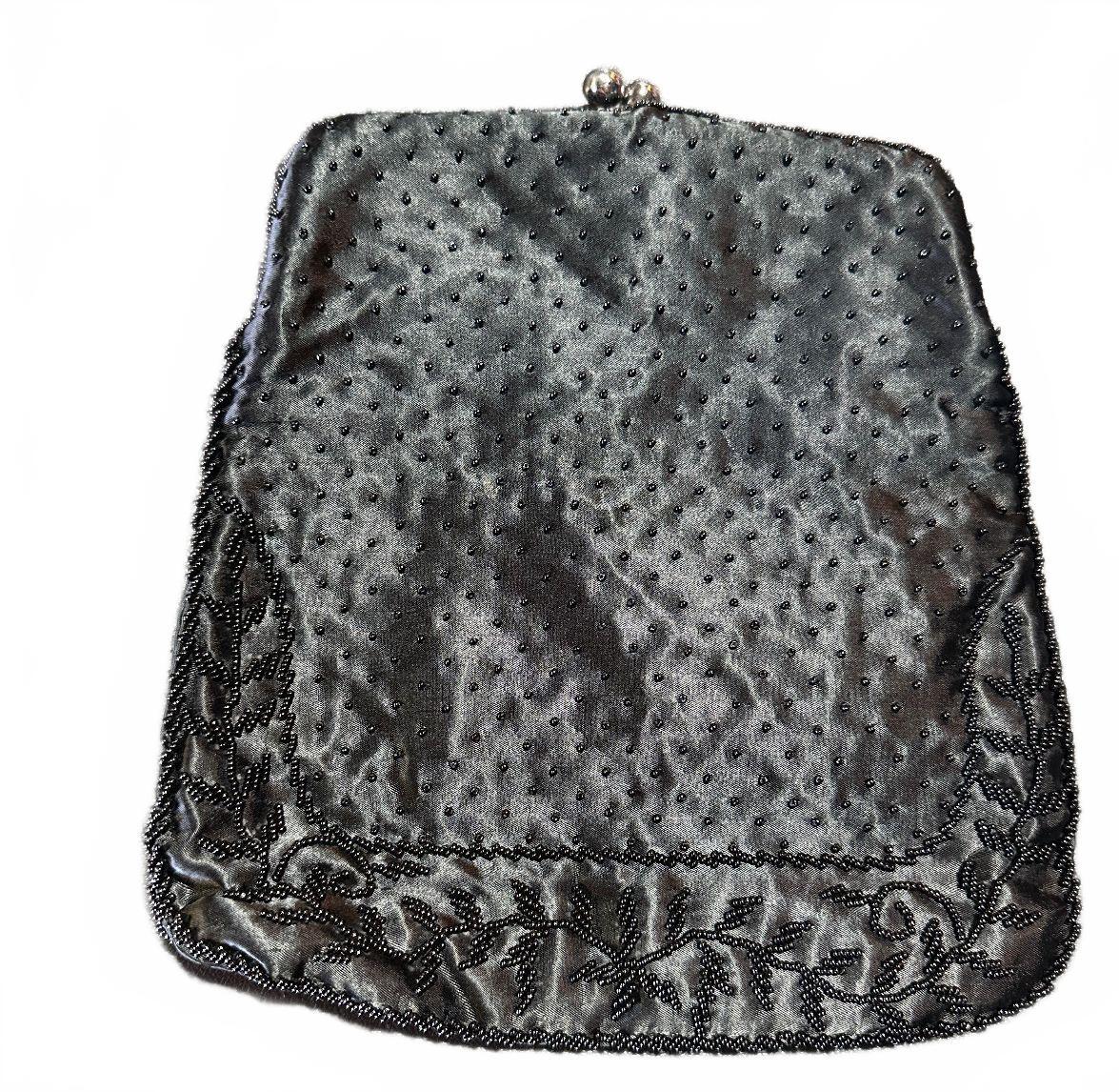 Vintage Black Beaded Satin Kiss Lock Evening Clutch