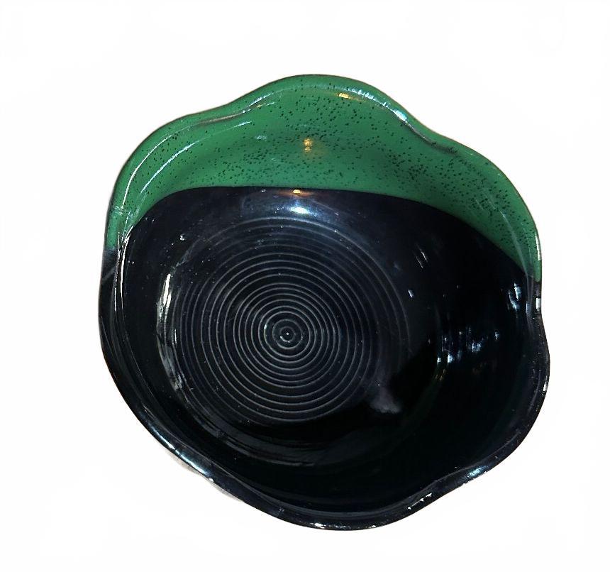 Vintage Black Green Art Pottery Bowl Scalloped Rim 4.5"