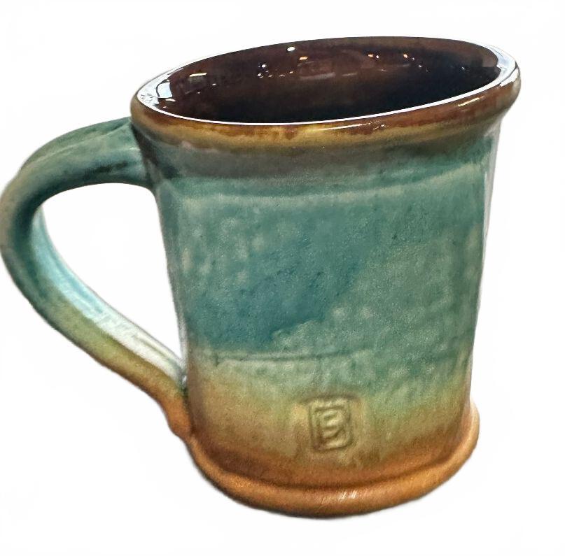 Studio Pottery Violin Mug Signed Green Brown 4"