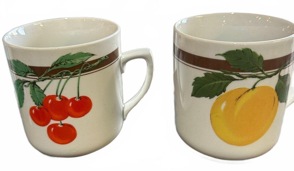 2 Vintage English Fruit Mugs Cherries Peach 3.5"