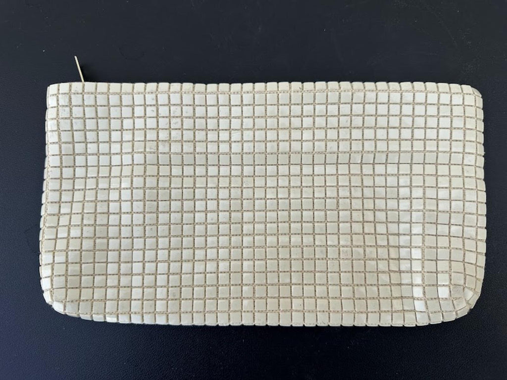 Vintage Cream Metal Mesh Tile Clutch Wallet Zip