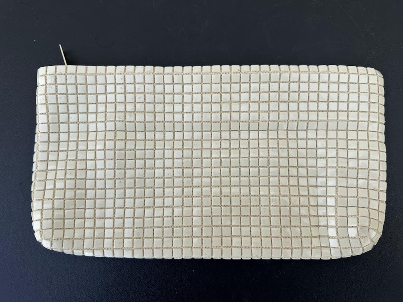 Vintage Cream Metal Mesh Tile Clutch Wallet Zip