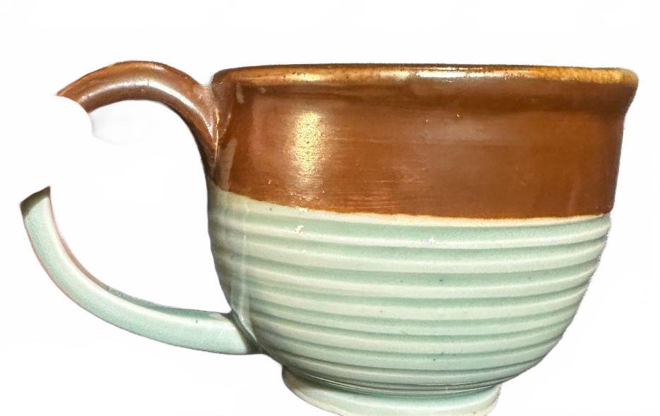 Vintage Handmade Studio Pottery Ribbed Green Brown Mug