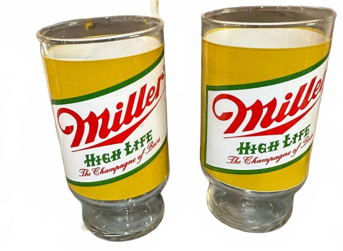 2 Vintage Miller High Life Beer Can Glasses 6.25"