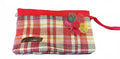Handwoven Red Plaid Zipper Pouch Floral Accent