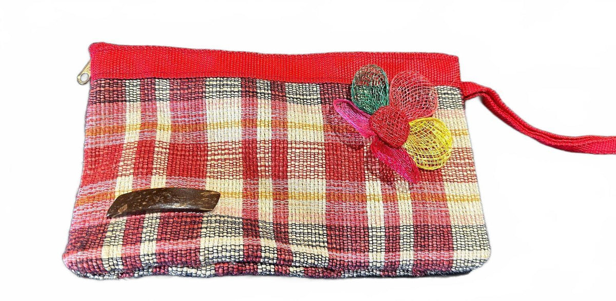 Handwoven Red Plaid Zipper Pouch Floral Accent
