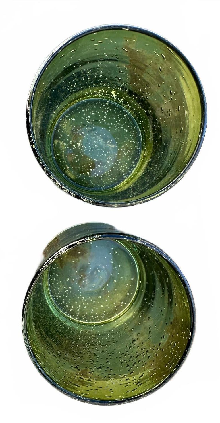 Pair Olive Green Hand Blown Bubble Glass Tumblers