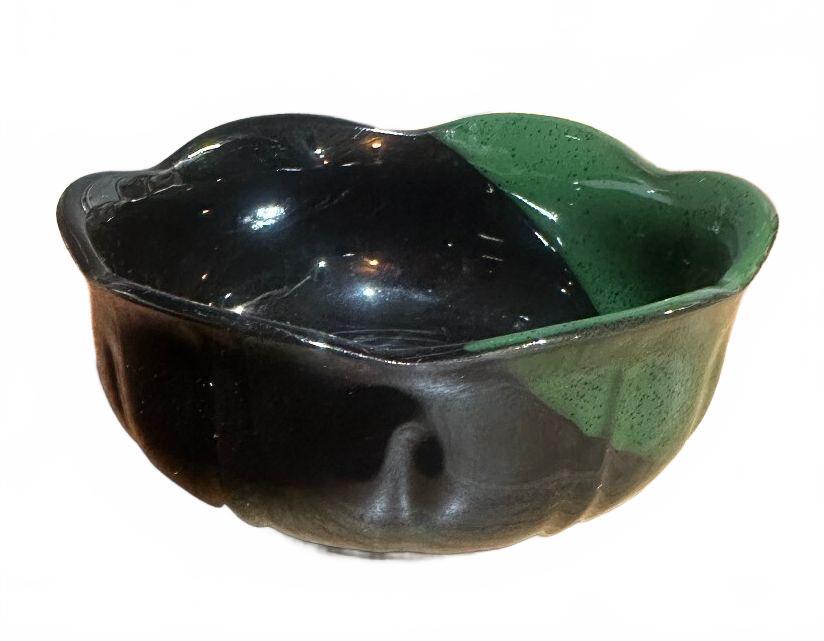 Vintage Black Green Art Pottery Bowl Scalloped Rim 4.5"