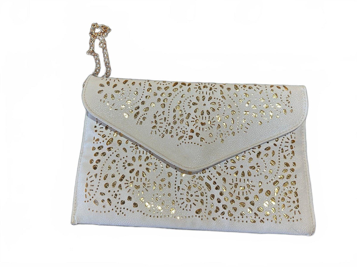 White Gold Laser Cut Envelope Clutch Purse