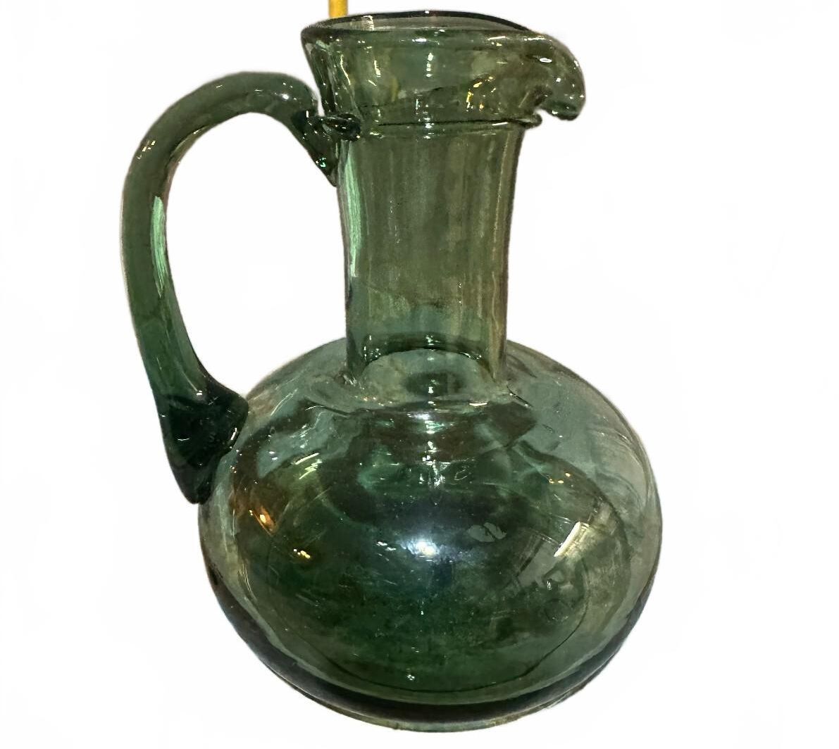 Vintage Green Hand Blown Art Glass Pitcher Applied Handle