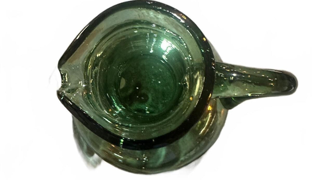 Vintage Green Hand Blown Art Glass Pitcher Applied Handle