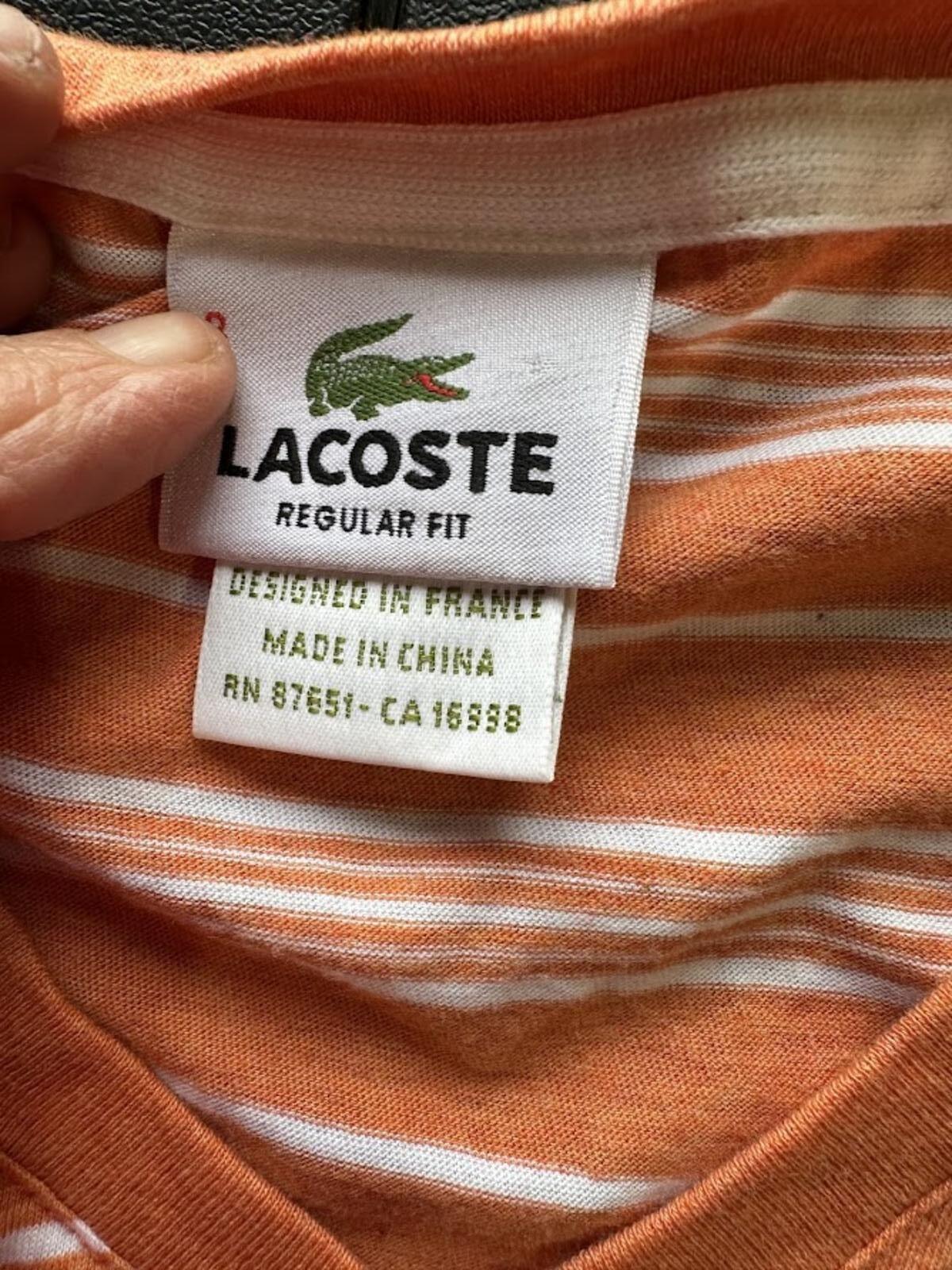 Lacoste Orange Stripe V-Neck Tee L