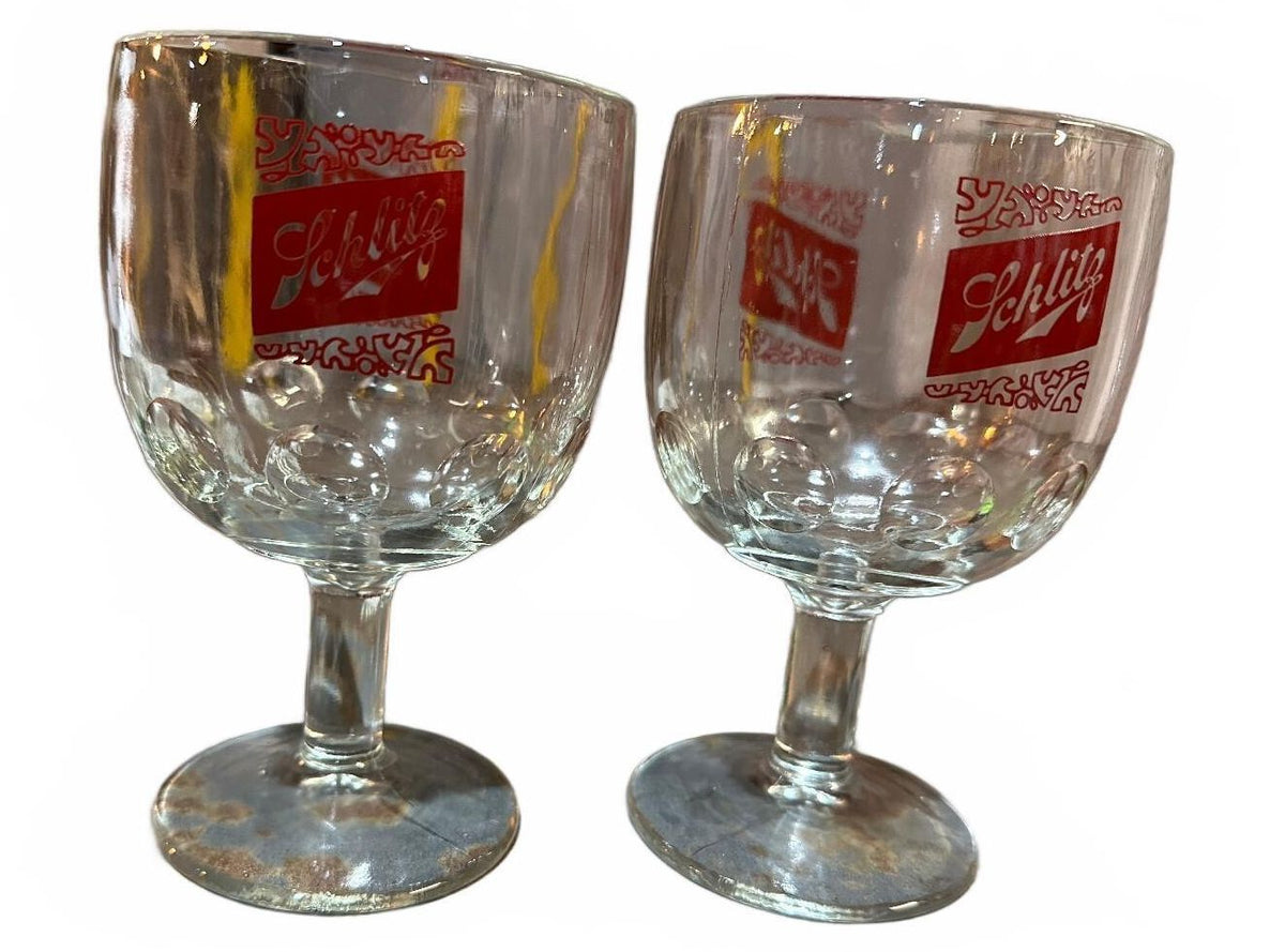 2 Vintage Schlitz Thumbprint Stemmed Beer Goblets 6"