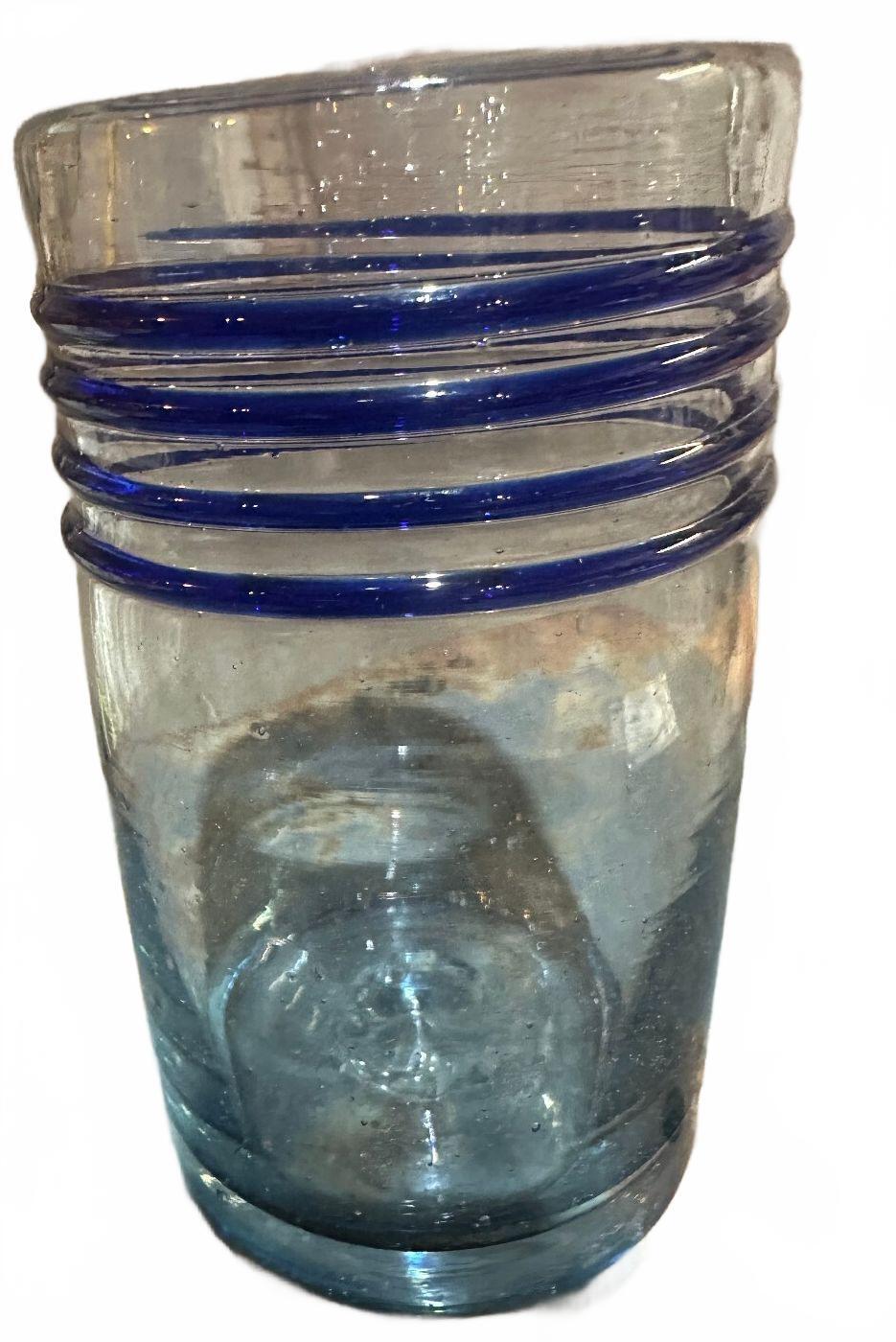 Hand Blown Clear Glass Tumbler Cobalt Blue Spiral Rings