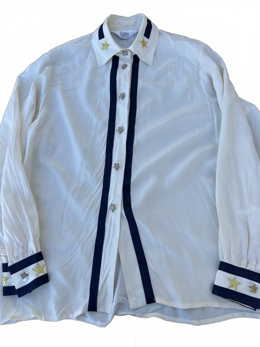 ISHYU Silk Blouse Stars Stripe Trim Size 4