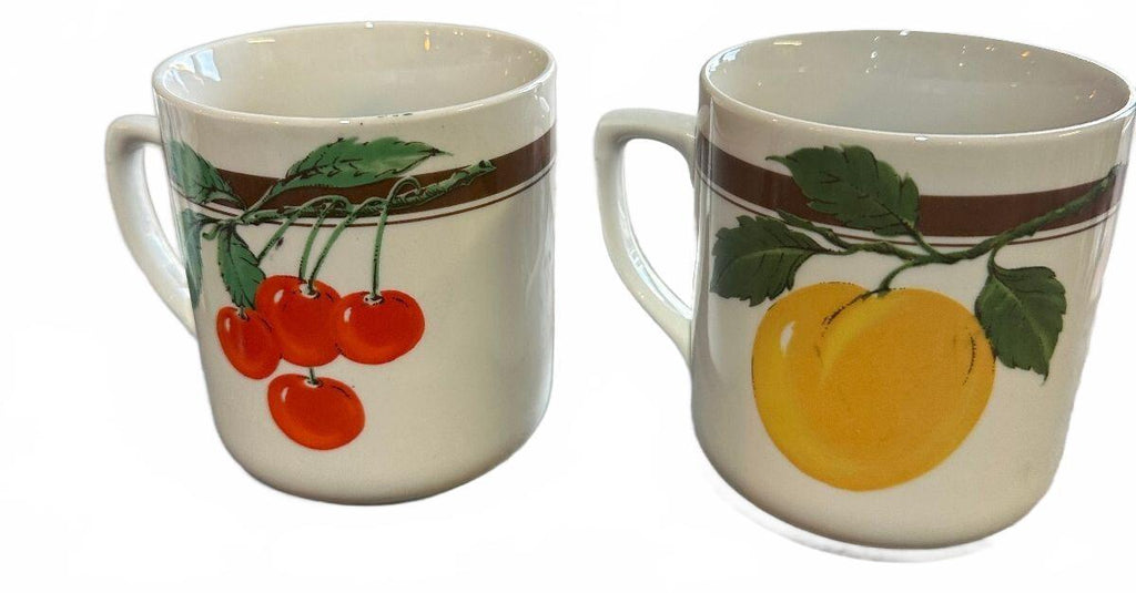 2 Vintage English Fruit Mugs Cherries Peach 3.5"
